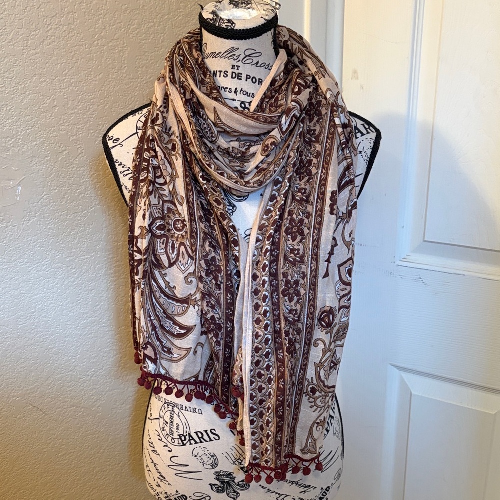 Studio 36 Brown, Maroon and Cream Patterned Scarf with Pom-Pom fringe